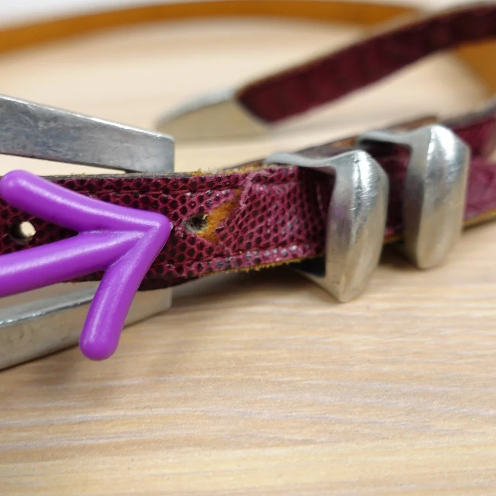 Women’s Burgundy Leather Slim Belt with Geometric Silver Buckle